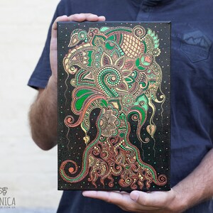 Tree of life painting, indian mehndi art, wall decor for living room or bedroom. Artist holding the canvas in hands to show dimensions. 20x30 cm (8x12 inches)