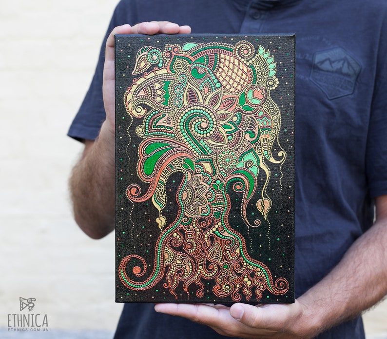 Tree of life painting, indian mehndi art, wall decor for living room or bedroom. Artist holding the canvas in hands to show dimensions. 20x30 cm (8x12 inches)