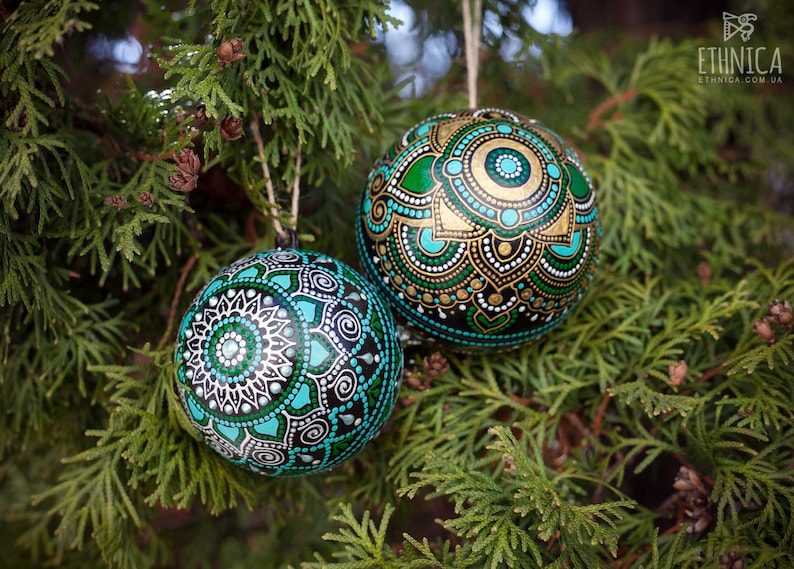 Teal Blue Christmas Baubles Painted Ornaments Tree Etsy