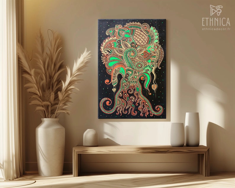 Tree of life painting, hanging on a wall above in a modern wooden stand with vases in a living room. Green and gold colors. 40x50 cm (16x20 inches) size