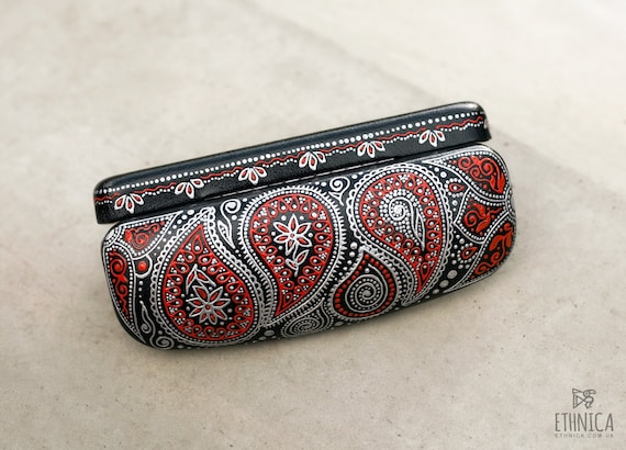 Hard Glasses Case Persian Paisley Red, Boho Eyeglass Holder, Great gift for teacher, Gift for Mom