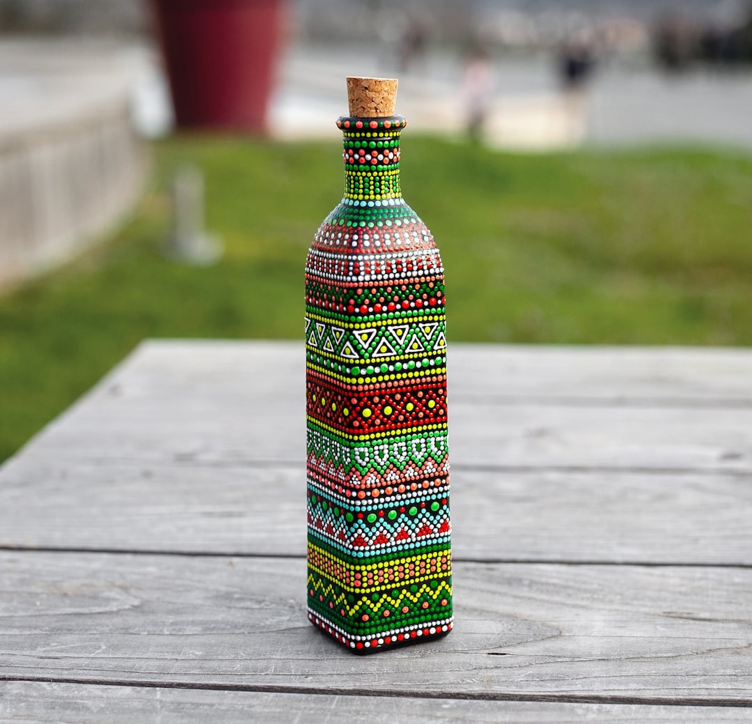 Buy Small Hand Painted Bottle in African Colorful Olive Oil Bottle  With Cork or Single Flower Vase Online in India - Main Image