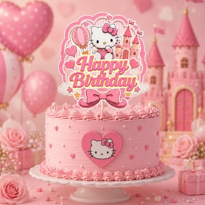 Może przedstawiać: Różowy tort z lukrem, ozdobiony sercowatym emblematem Hello Kitty z boku oraz dekoracją na wierzchu przedstawiającą Hello Kitty, balon na ogrzane powietrze, zamek i napis Happy Birthday z dużą różową kokardą u podstawy.