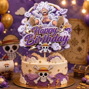 May include: A round birthday cake with white and purple frosting, decorated with gold stars and a skull and crossbones emblem. A large layered cake topper features a cartoon character with white hair, purple clouds, and the text Happy Birthday.