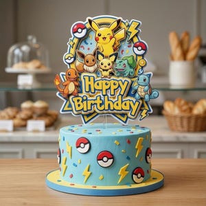 Pode incluir: Um topo de bolo azul-claro com o texto Happy Birthday em amarelo, rodeado por ilustrações de Pikachu, Eevee, Pichu, Bulbasaur, Charmander e Squirtle, com ícones de Poké Ball vermelhos e brancos e detalhes de raios amarelos.