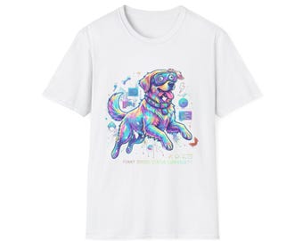 Camiseta unisex de estilo softstyle con estampado divertido de sabueso, estilo cyberpunk, para amantes de los perros y la tecnología digital.