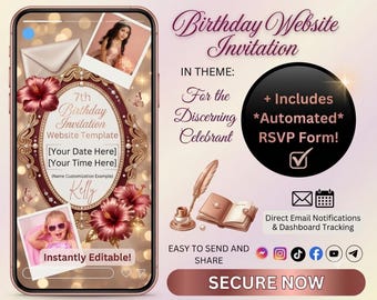 Plantilla de invitación web de cumpleaños: diseño editable en Canva con formulario de confirmación de asistencia.