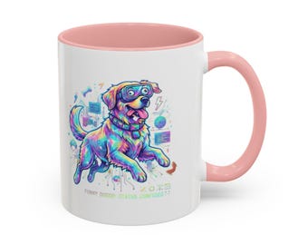 Taza de café divertida con diseño de arte digital y gráficos cyberpunk para amantes de los perros (11, 15 oz)