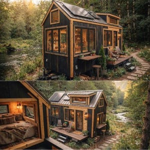 Könnte beinhalten: Ein Tiny House auf Rädern mit verkohlter Holzverkleidung und Naturholzrahmen, ausgestattet mit einem Metalldach mit Solarpaneelen, großen Fenstern, einer Holzterrasse mit Stühlen und einem Innenraum mit Schlafloft und Bett.