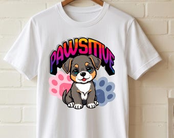 Camiseta unisex de estilo suave con estampado de paisaje y diseño de retrato de mascota "Pawsitive Vibes Only"