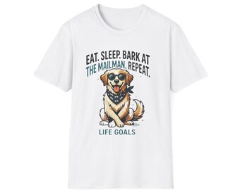 Camiseta unisex de estilo suave con estampado de perro y la frase "Metas de vida"