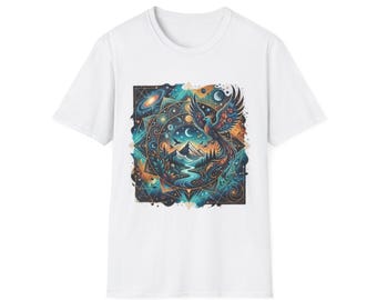 Camiseta unisex de estilo softstyle con estampado artístico único de fénix, diseño abstracto de galaxia y naturaleza.