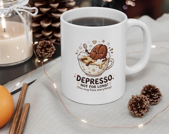 Depresso Coffee Lover Ceramic Mug, Funny Coffee Bean Graphic (11oz, 15oz)