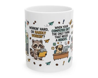 Funny Raccoon Pug Office Humor Mug, Computer Reboot Work Coffee Cup (11oz, 15oz)