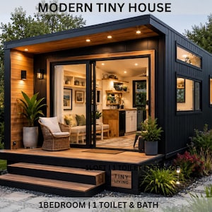 May include: A modern tiny house with black exterior siding, a wooden deck, and sliding glass doors. The interior features a living area and kitchen. Text reads: MODERN TINY HOUSE, 1 LOFT | 1 TOILET | TERRACE, 1 BEDROOM | 1 TOILET & BATH, TINY LIVING.