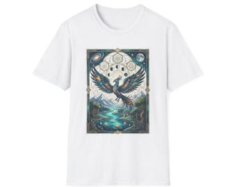 Camiseta unisex de estilo suave con estampado único de mandala cósmico de aves míticas y naturaleza espiritual.