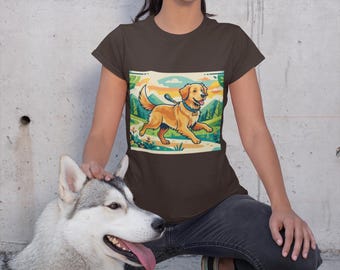 Camiseta unisex con estampado artístico de paisaje aventurero, regalo ideal para amantes del Golden Retriever. Estilo suave.