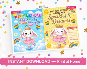Girls Birthday Card, Rainbow Bunny Ballerina Card