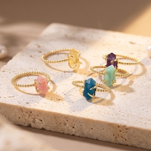 Anello esagonale in oro 18 carati con pietra naturale, anello regolabile con gemma per donna, anello con amazzonite, anello con acquamarina e ametista, regalo per lei