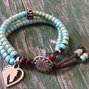 Turquoise Beaded Leather Bracelet  - Horseshoe  Horse Wrap Bracelet-  Horse Charm Bracelet - Cowgirl Western  Bracelet - Horse Lover Gift