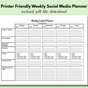 Puede incluir: Un planificador semanal de redes sociales imprimible en blanco con un encabezado verde que dice "Printer Friendly Weekly Social Media Planner" y "instant pdf file download". El planificador incluye secciones para contenido, palabras clave y plataformas.
