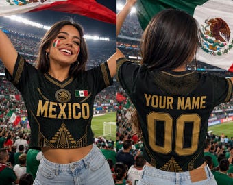 Custom Mexico Soccer Crop Jersey, Personalized Name Number Mexico Fan Shirt, Green World Cup Watch Party Outfit, Women’s Football Fan Top