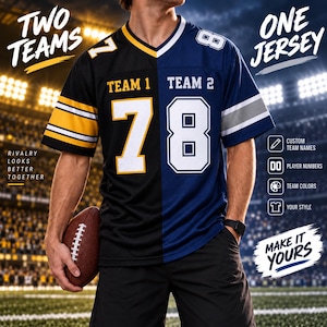 May include: A split-design football jersey featuring a black side with yellow and white sleeve stripes and a blue side with grey and white sleeve stripes. The front displays the text TEAM 1 and TEAM 2 with the large player number 78 in white.