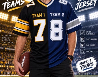 Custom Two Football Team Split Jersey, Personalized Name Number Logo, Game Day Outfit, Split Sports Uniform, Gifts For Adult Kids Baby Fans