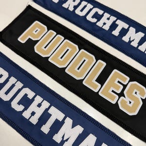 Custom football jersey name patch sewn embroidered label for backpacks, uniforms, and jackets. Choose your size plus patch and thread colors