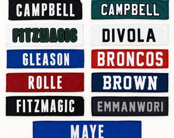 Custom football jersey name patch sewn embroidered label for backpacks, uniforms, and jackets. Choose your size plus patch and thread colors