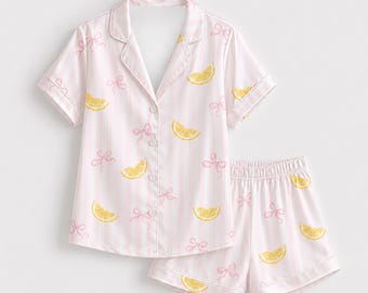 Rosa bandet grafiska pyjamaskläder, rosettmönster loungewear nattkläder kollektion topp nederdel matchande kläder