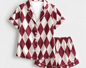 Vinröd syntetgitterpyjamas, eleganta mönstrade loungekläder, sovkläder, topp och nederdel, matchande kläder
