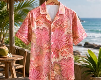 Magenta Lightweight Coastal Vacation Shirt, Sweet Abstract Printed Short Sleeve Casual Apparel Attire