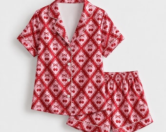 Körsbärspyjamaskläder, Diamantmönster Loungewear Nattkläder Kollektion Topp Nederdel Matchande Kläder