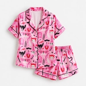 Ros Halloween estetiska pyjamaskläder, nyckfulla ockulta grafiska loungewear nattkläder kollektion topp nederdel plagg