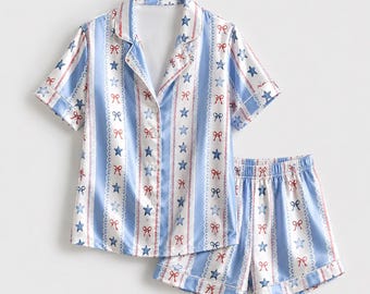 Coquette Inspired Blue Striped Satin Sleepwear Featuring Red Bows Delicate Lace And Star Motifs