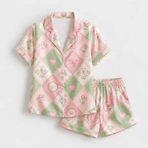 Cottagecore Teacup Floral Patchwork Satin Pajama Set Pink Green Bow Sleepwear Loungewear