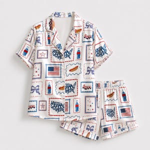 Alabaster Silk Patriotic Pajama Apparel, Crimson Stamp Graphic Short Sleeve Loungewear Sleepwear Collection Raiment