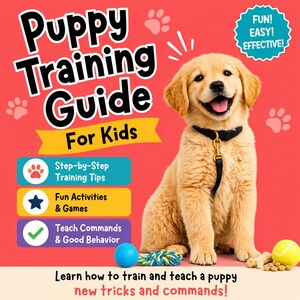 May include: A golden retriever puppy wearing a black collar is featured on the cover of a "Puppy Training Guide For Kids." The guide includes "Step-by-Step Training Tips," "Fun Activities & Games," and "Teach Commands & Good Behavior." A blue ball, a rope toy, and a tennis ball are in the foreground.