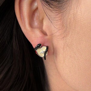 Cute Poison Apple Stud Earrings, Red Black Enamel Apple Core Earrings, Fairy Tale Dainty Ear Jewelry, Halloween Whimsical Gift for Her