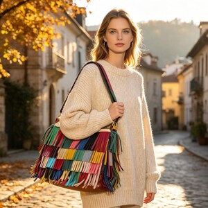 May include: A shoulder bag featuring multiple horizontal rows of long, multicolored fringe in shades of red, blue, yellow, green, and pink. The bag has a dark strap and is worn over the shoulder, paired with a cream-colored, long-sleeved knit sweater.