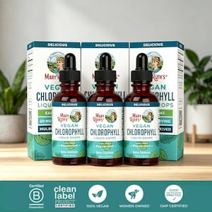May include: Three amber glass dropper bottles of Mary Ruth's Vegan Chlorophyll Liquid Drops with peppermint flavor, each standing in front of its matching white and teal rectangular cardboard box featuring a circular illustration of a person.