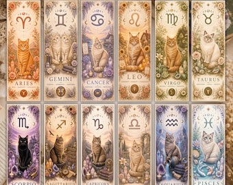 12 marque-pages chats du zodiaque | Lot de marque-pages à imprimer | Cadeau astrologique | Cadeau pour amoureux des livres | Téléchargement numérique