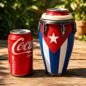May include: A red Coca-Cola soda can next to a cylindrical can cooler designed like a conga drum. The cooler features the Cuban flag pattern with a red triangle, a white star, and blue and white stripes, with metal hardware at the top rim.