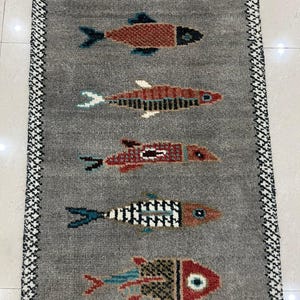Koi Fish Runner Rug: Grey Hand-Knotted Wool Carpet - Colorful Folk Art Design - Modern Coastal Home for Hallway, Entryway or Kitchen