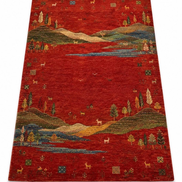 Ręcznie tkany wełniany dywan Gabbeh Landscape, dywan krajobrazowy w górach i lesie