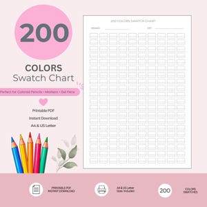 Può includere: Una tabella colori da 200 campioni in PDF stampabile con una griglia di 200 caselle rettangolari. Il design include il testo 200 COLORS Swatch Chart, Perfect for Colored Pencils, Markers, Gel Pens, Printable PDF, Instant Download, A4 & US Letter.