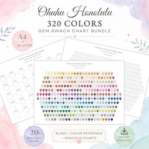 May include: A digital bundle of Ohuhu Honolulu 320 colors gem swatch charts. The set includes printable pages in A4 and US Letter sizes, featuring blank and color-referenced gem-shaped outlines for organizing markers, with 20 total pages.