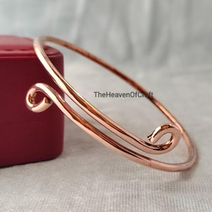 Polished Copper Wire Curled End Overlap Bracelet - Bypass Bangle - Adjustable Arthritis Jewelry - Unisex Gift