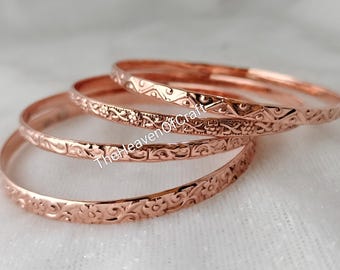 Set Of 4 Pure Copper Bangles - Floral Bracelet - Artisan Engraved Jewelry - Gift For Her